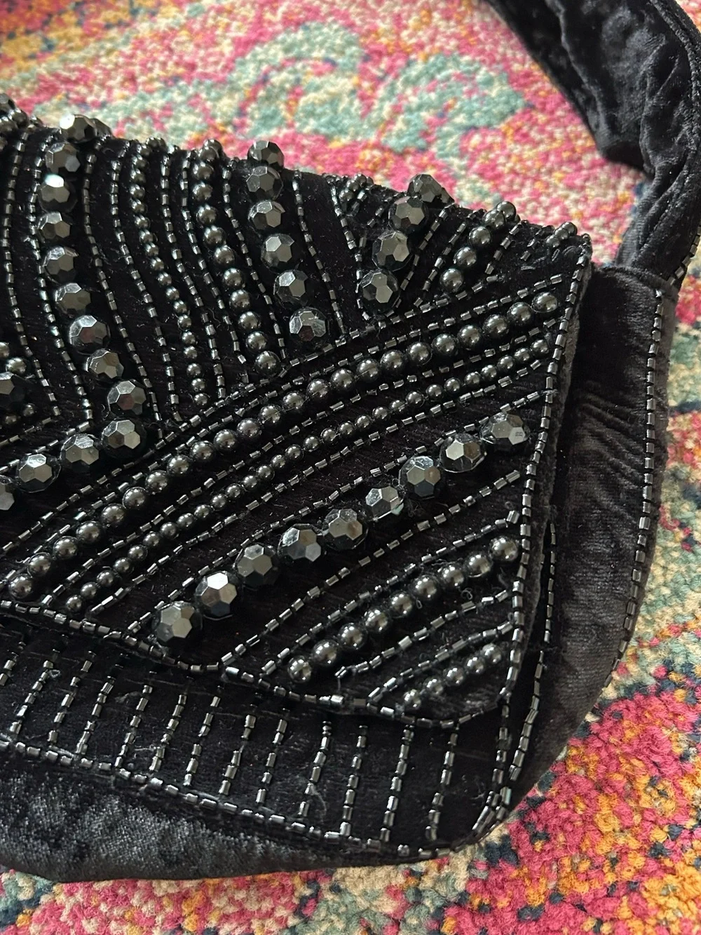 a new day | Women’s Black Beaded Velvet Front Snap Flap Shoulder Bag OS
